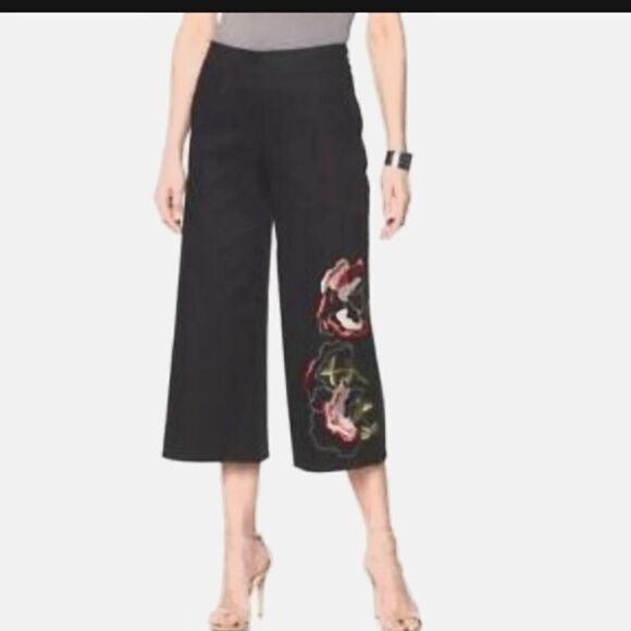 Natori Pants - NWT Natori Woman Black Floral Embroidered Wide Leg Crop Pants Size 4